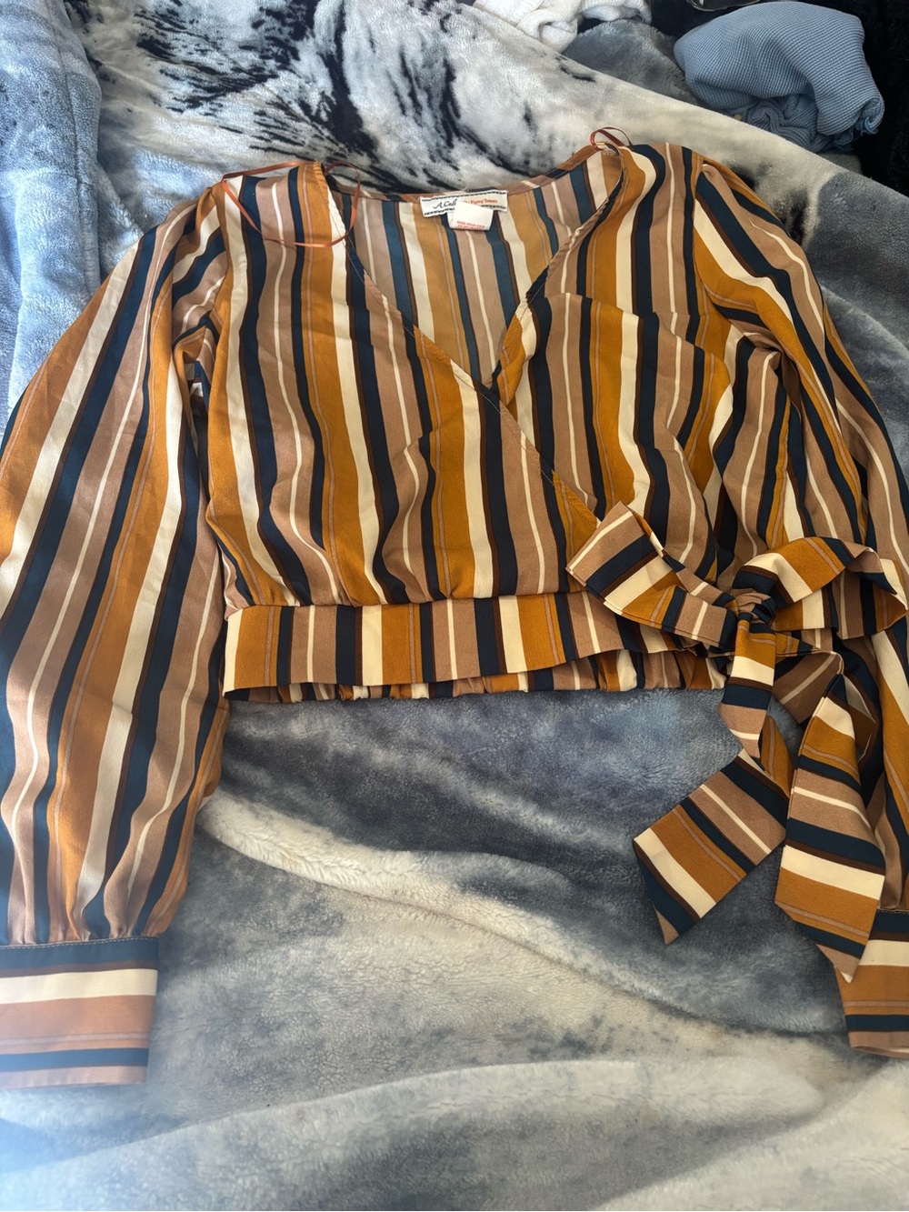 Flying Tomato Striped Wrap Crop Top in Mustard, Navy, Cream, and Tan